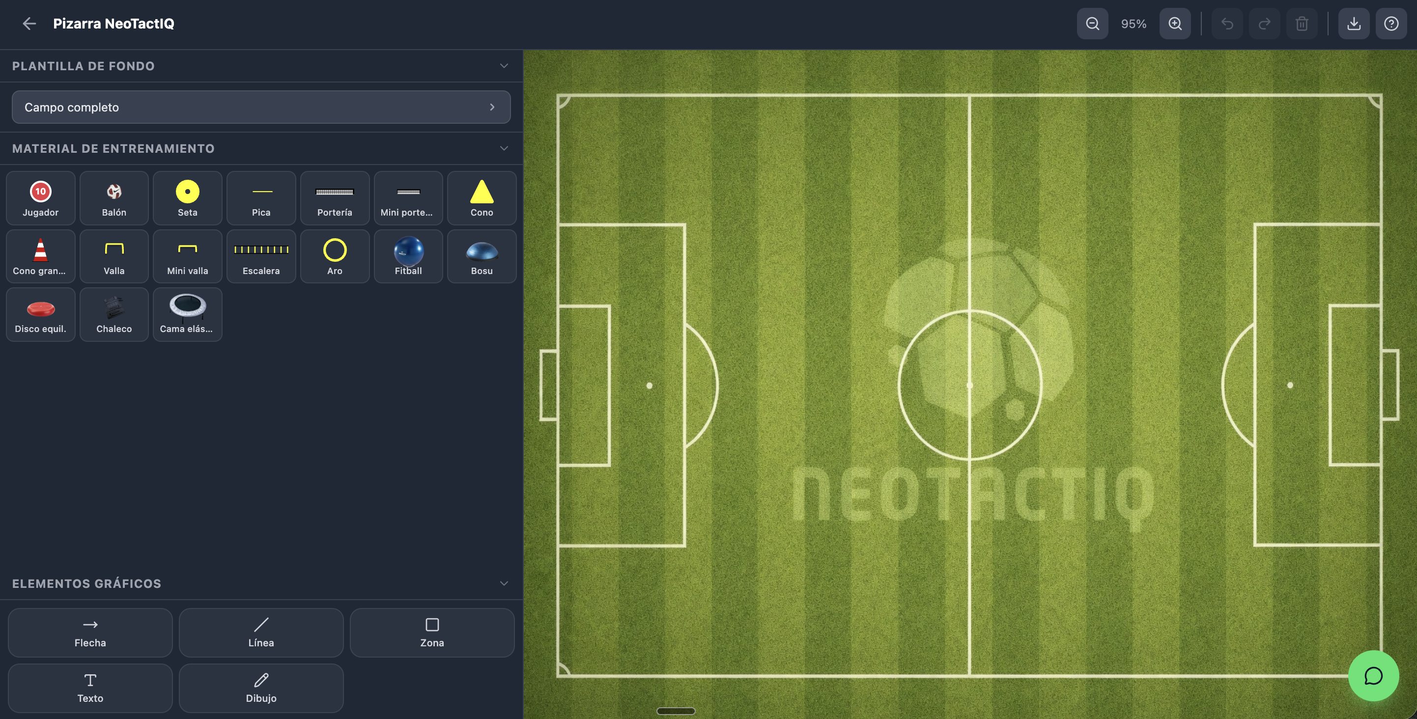 pizarra tactica futbol de NeoTactIQ en espanol, con panel de material de entrenamiento y plantilla de campo completo.