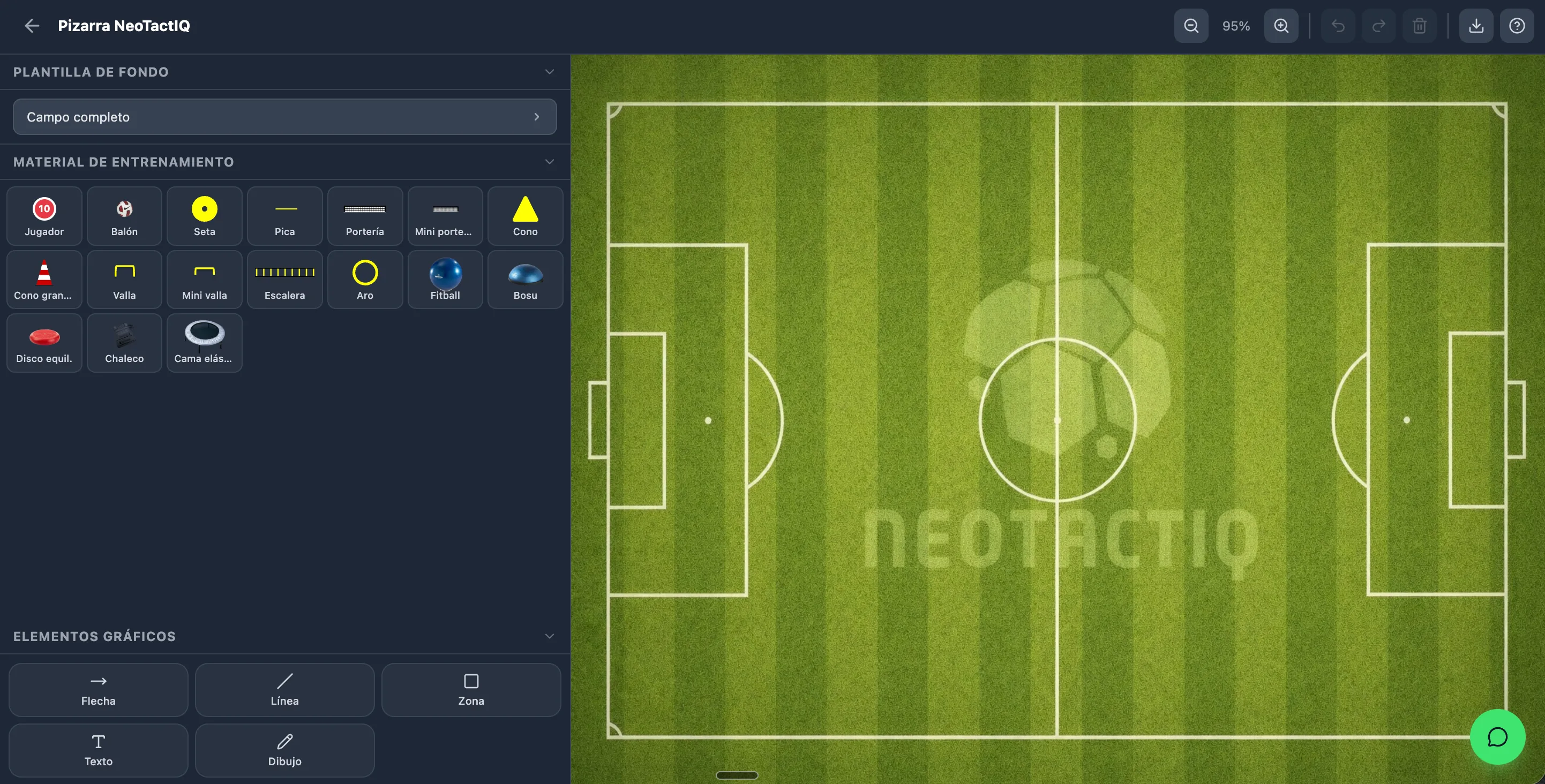 pizarra tactica futbol de NeoTactIQ en espanol, con panel de material de entrenamiento y plantilla de campo completo.