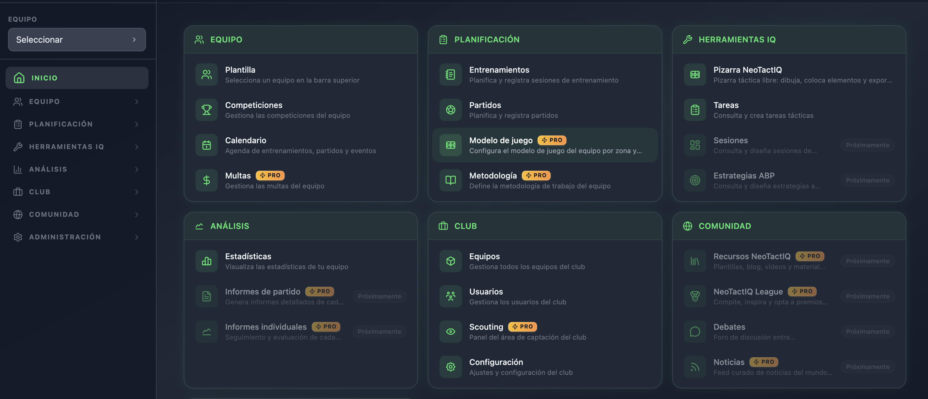 Panel de control app entrenadores de futbol NeoTactIQ