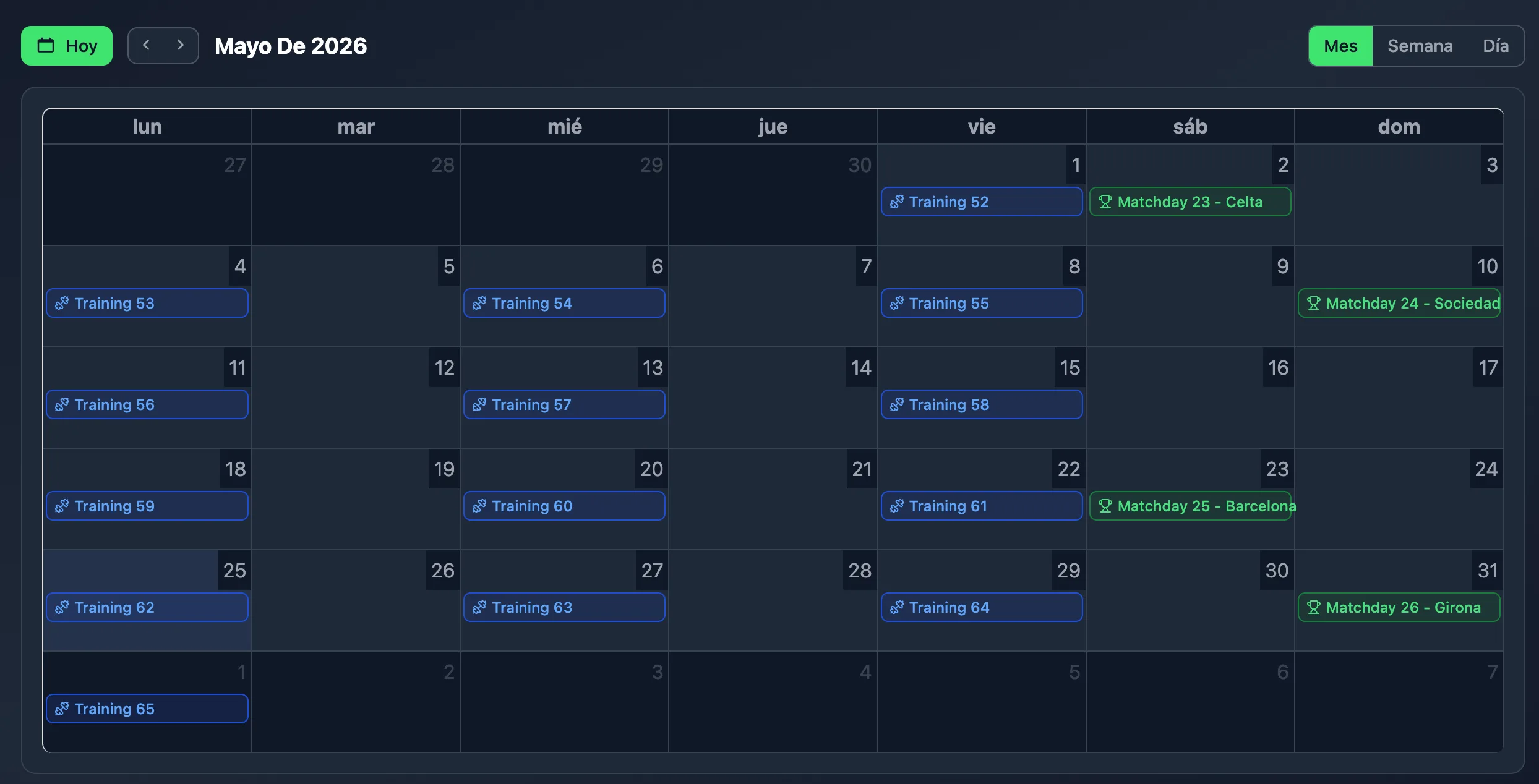Calendario del equipo