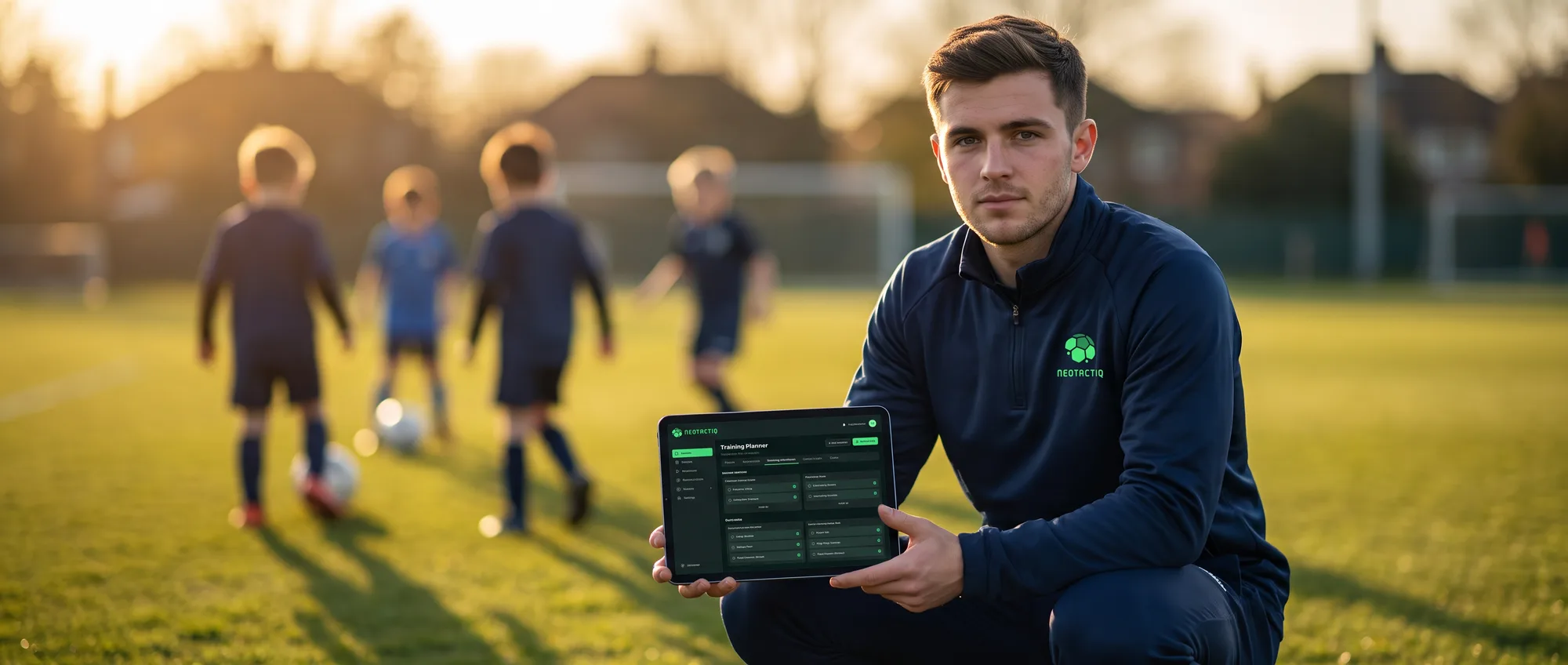 Entrenador de fútbol base planificando su equipo con NeoTactIQ