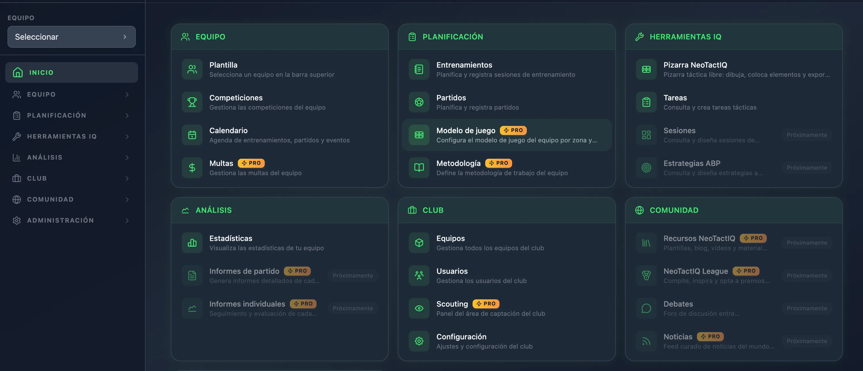 Panel de control app entrenadores de futbol NeoTactIQ