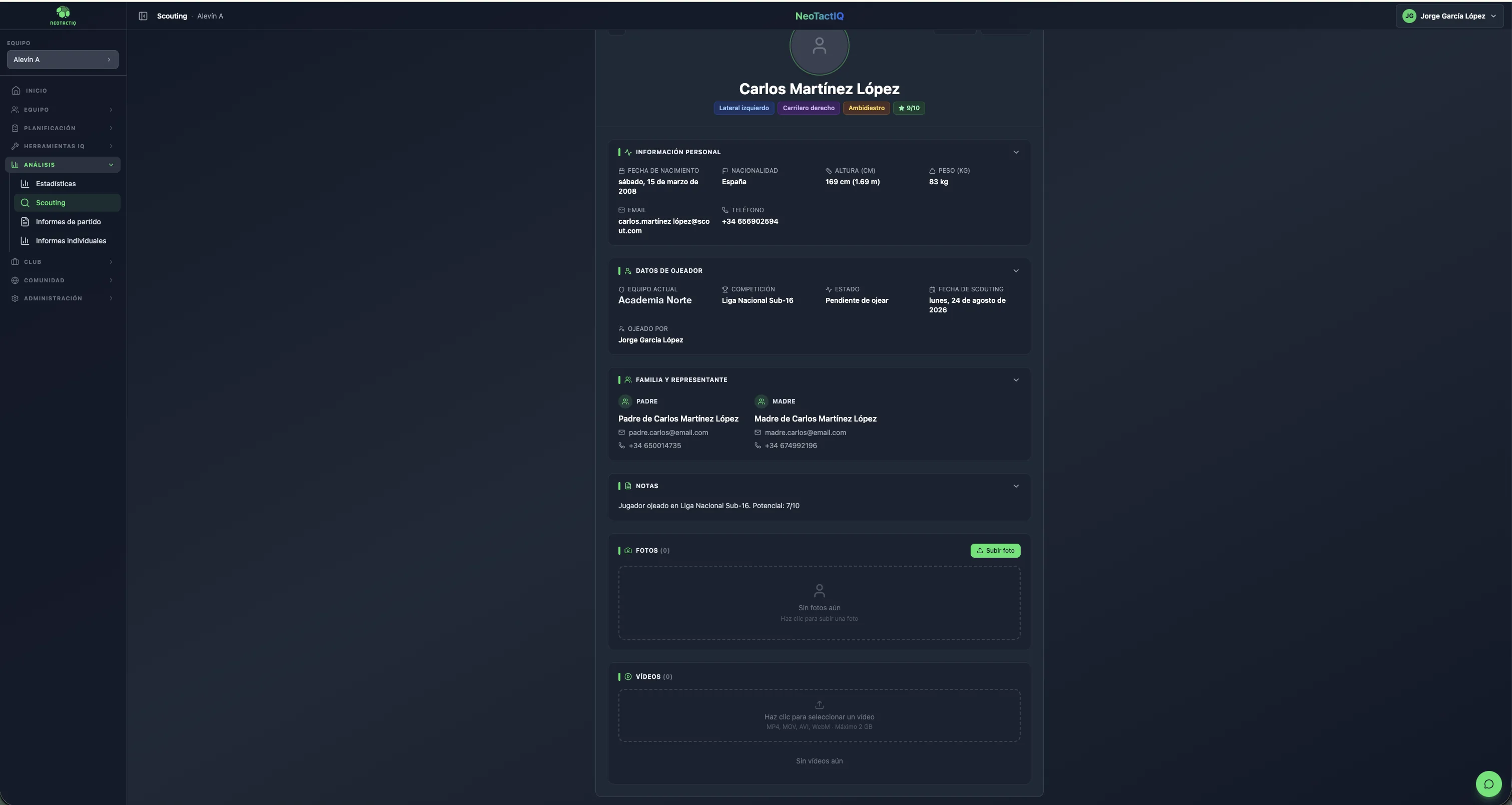 Ficha de jugador en seguimiento en la app NeoTactIQ