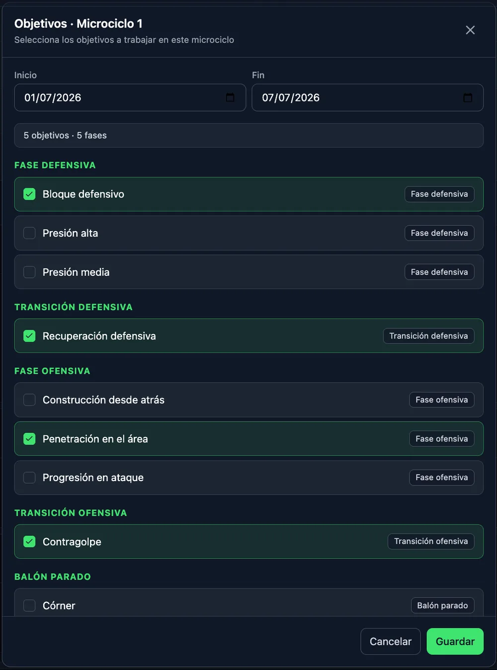 Objetivos del microciclo en NeoTactIQ