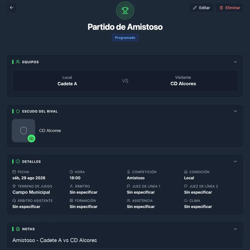 Detalle de partido con convocatoria en NeoTactIQ