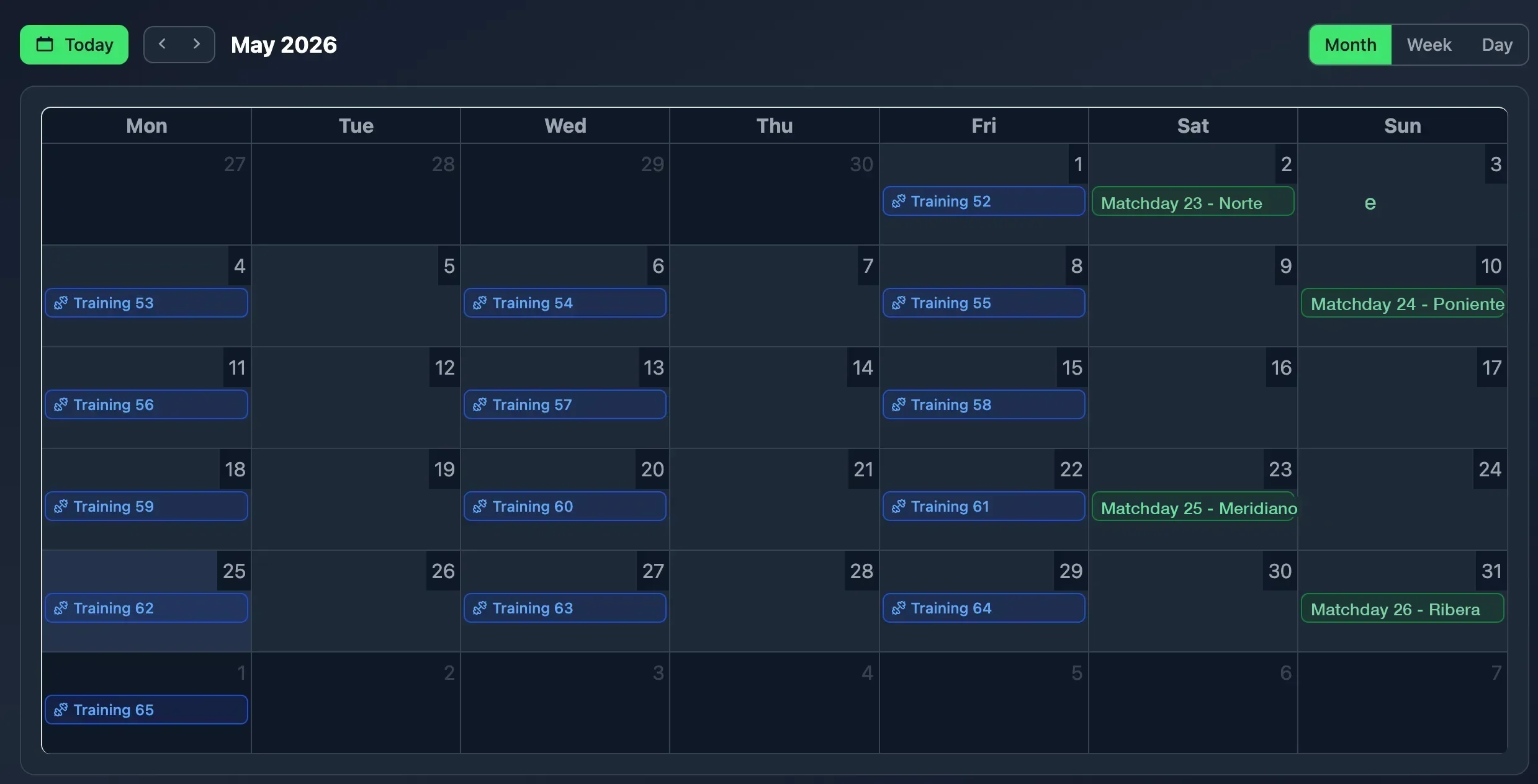 Team calendar in NeoTactIQ