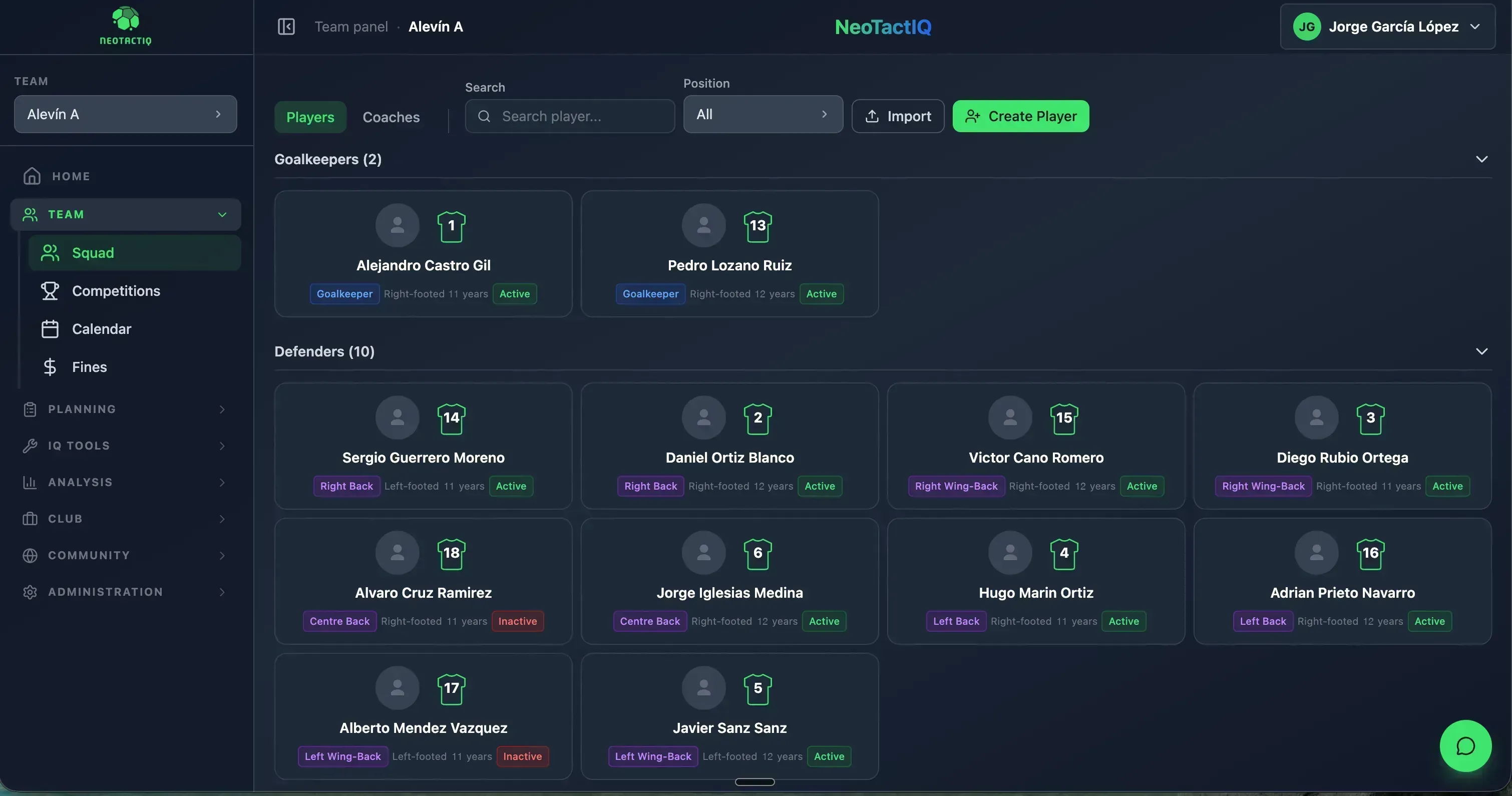 Roster by position in NeoTactIQ