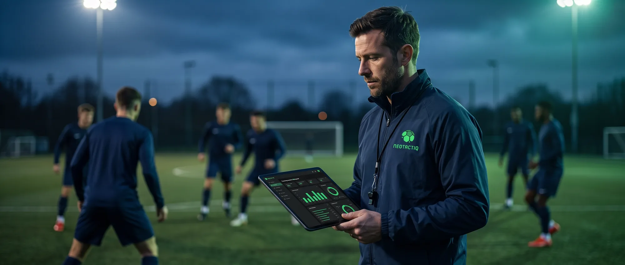 Entrenador de fútbol organizando su trabajo diario con NeoTactIQ