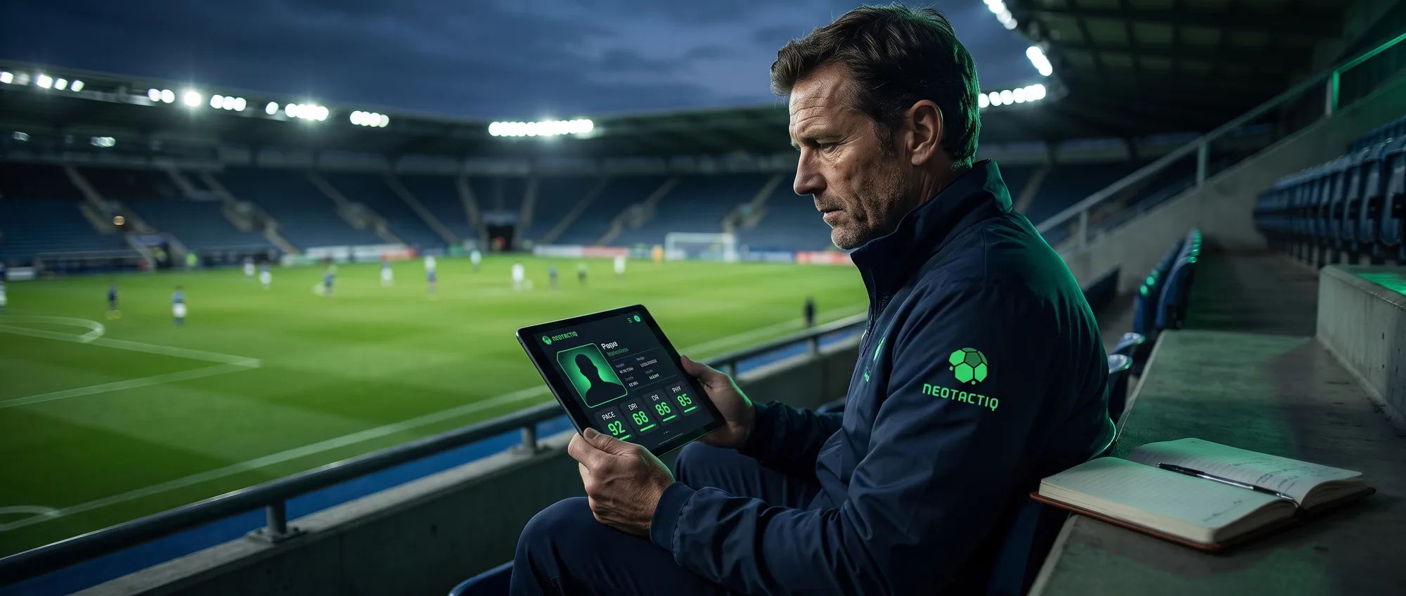 Scout de fútbol gestionando jugadores en seguimiento con NeoTactIQ